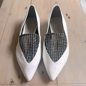 Schutz Sury Patent Leather Crystal Studded Flats White / Black Mesh  Size 6.5